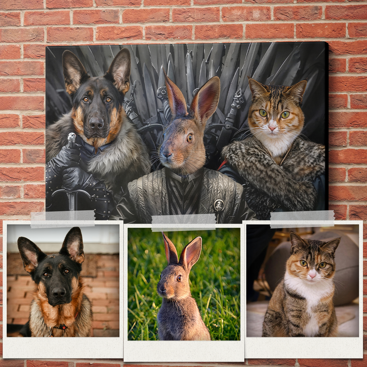 Portrait personnalisé de vos animaux | Série & TV | Tableau accroché au mur d'un chien, lapin et chat habillés en Game of Thrones avec leurs photos end-dessous