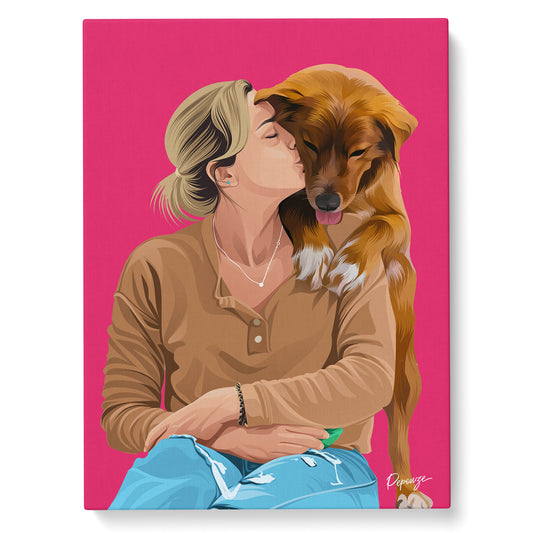 Portrait personnalisé de vos animaux | Pop Art | Tableau d'une femme et son chien en style Andy Warhol avec fond rouge