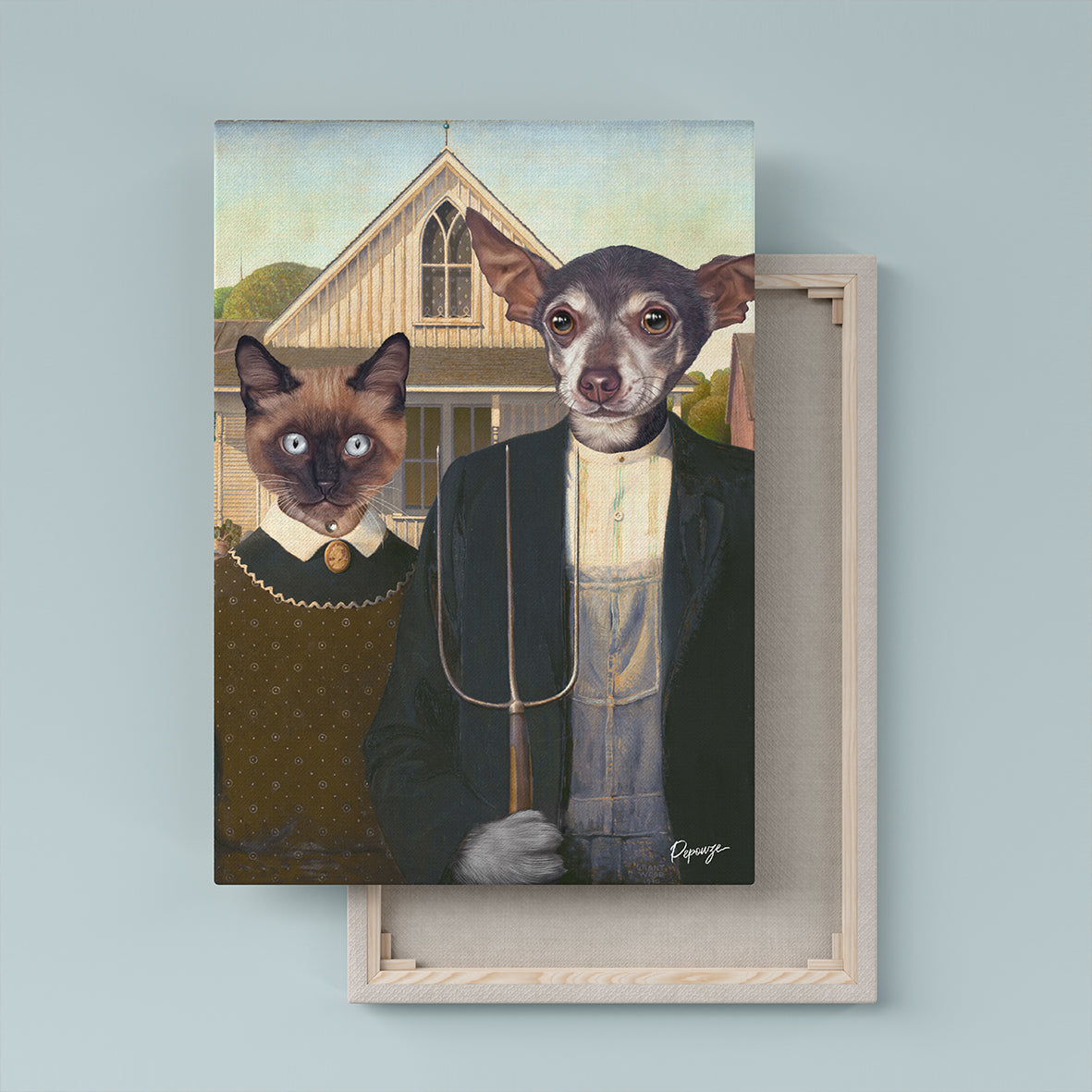 Les Fermiers - Portrait personnalisé Animaux - Style Grant Wood 🎨
