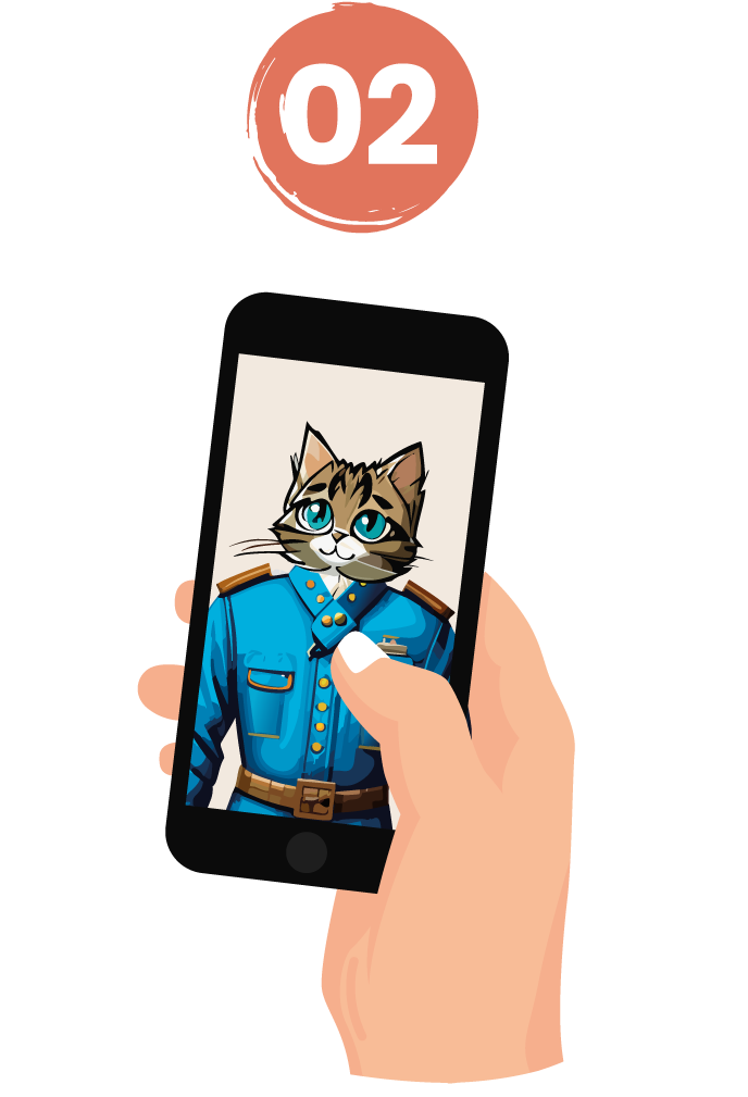 Dessin d'un portrait personnalisé d'un chat en Lieutenant sur téléphone