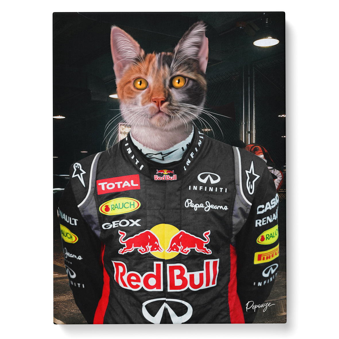 Portrait personnalisé de vos animaux | Rigolo | Tableau d'un chat en pilote de formule 1